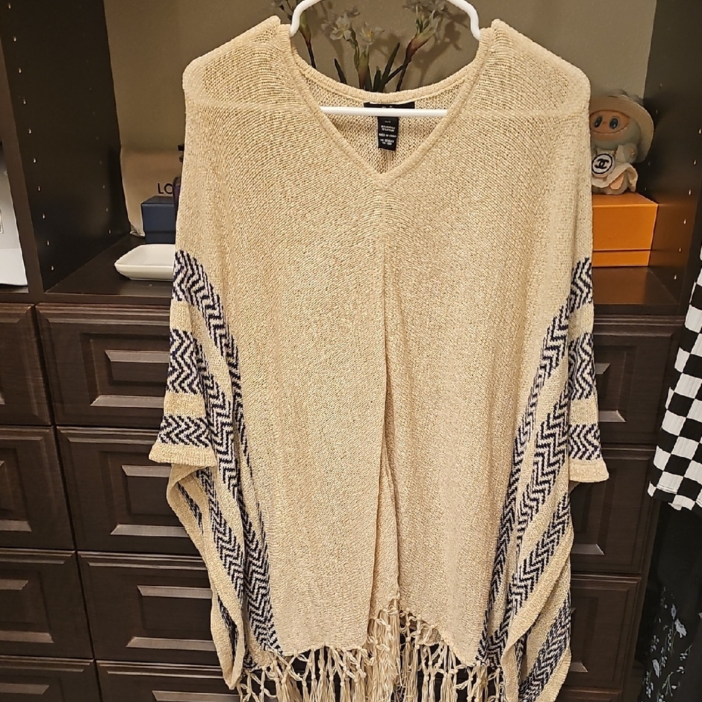 Elegant Beige and Black Chevron Poncho